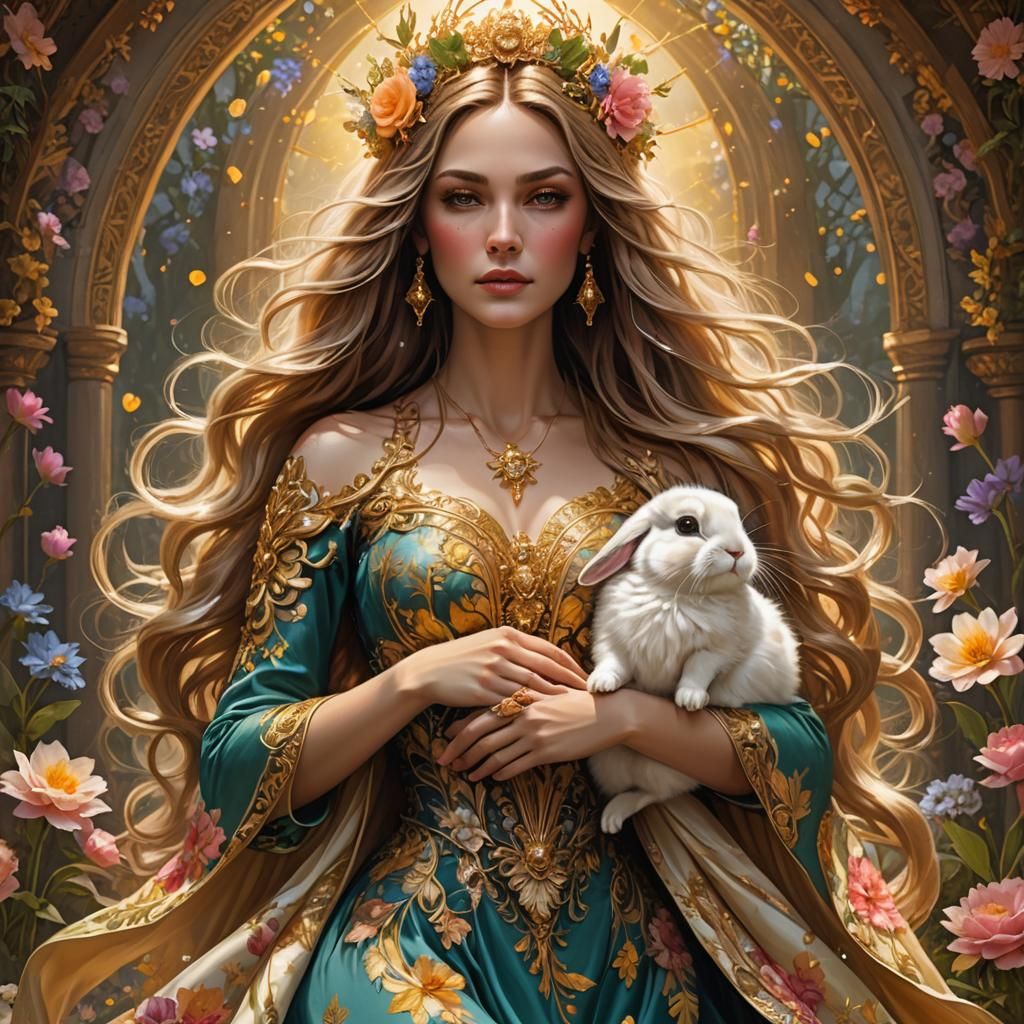 Radiant Goddess with Bunny in Floral Gown
