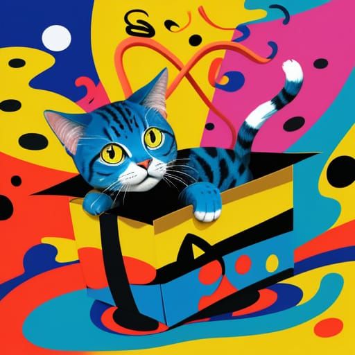 Surreal Cat Fits into Warped Box in Joan Miró Style