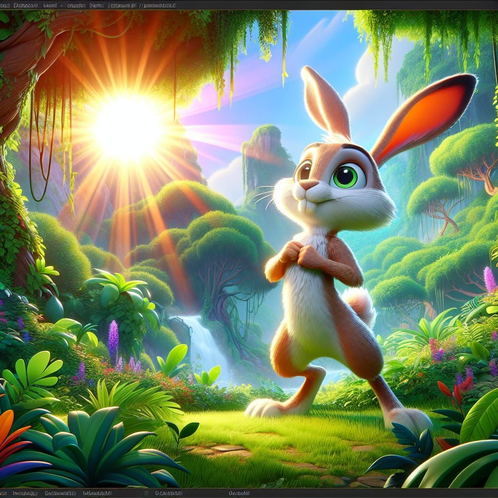 Proud Cartoon Hare in Vivid Jungle, Fantasy Concept Art