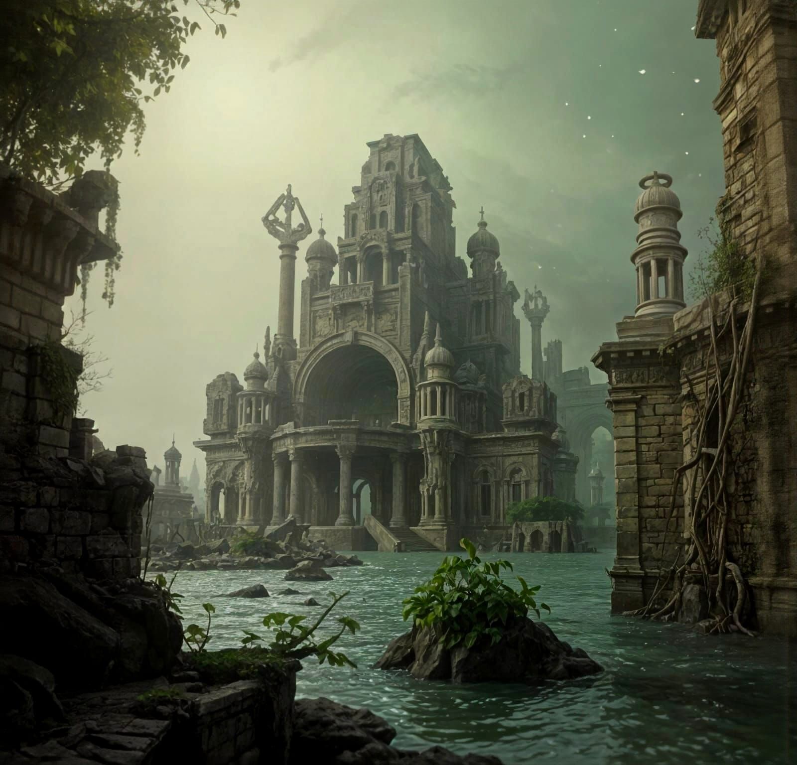 Ancient Temple Ruins on Island in Dark Fantasy Concept Art