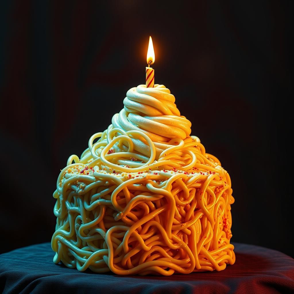 Noodle Birthday Cake with Candle, Photorealistic Art