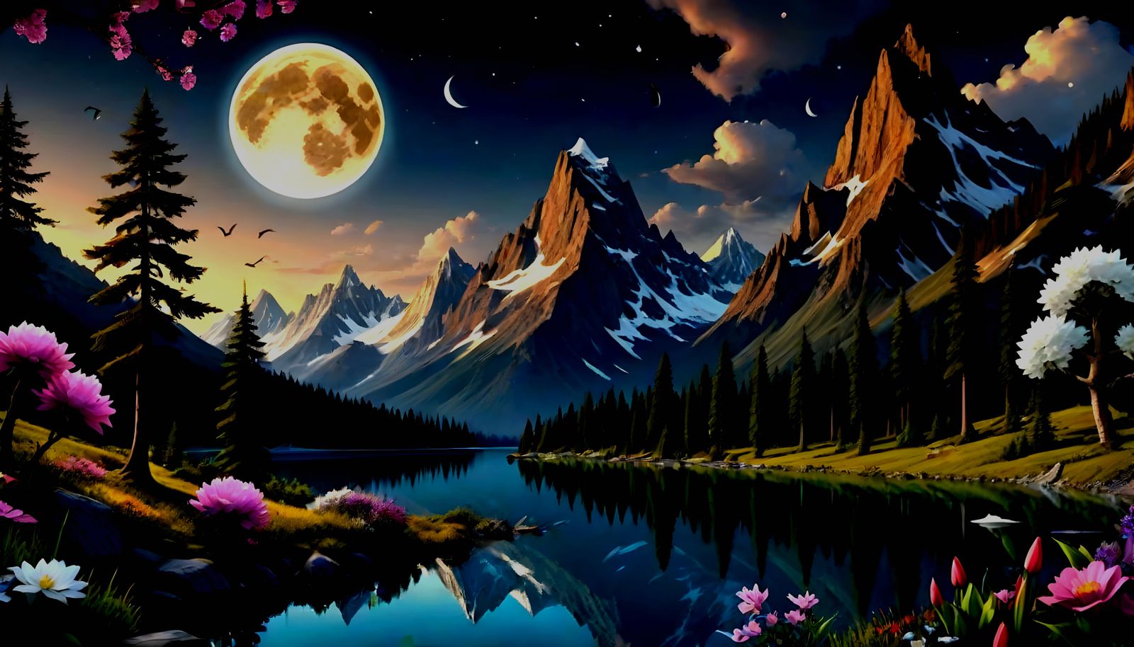 Mountain Lake under a Full Moon