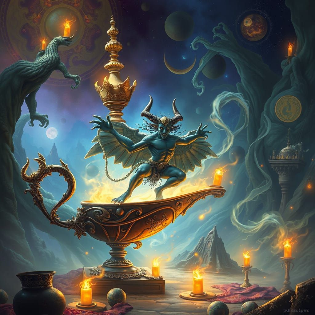 Ethereal Djinn Emerges from Ancient Lamp in Whimsical, Dream...