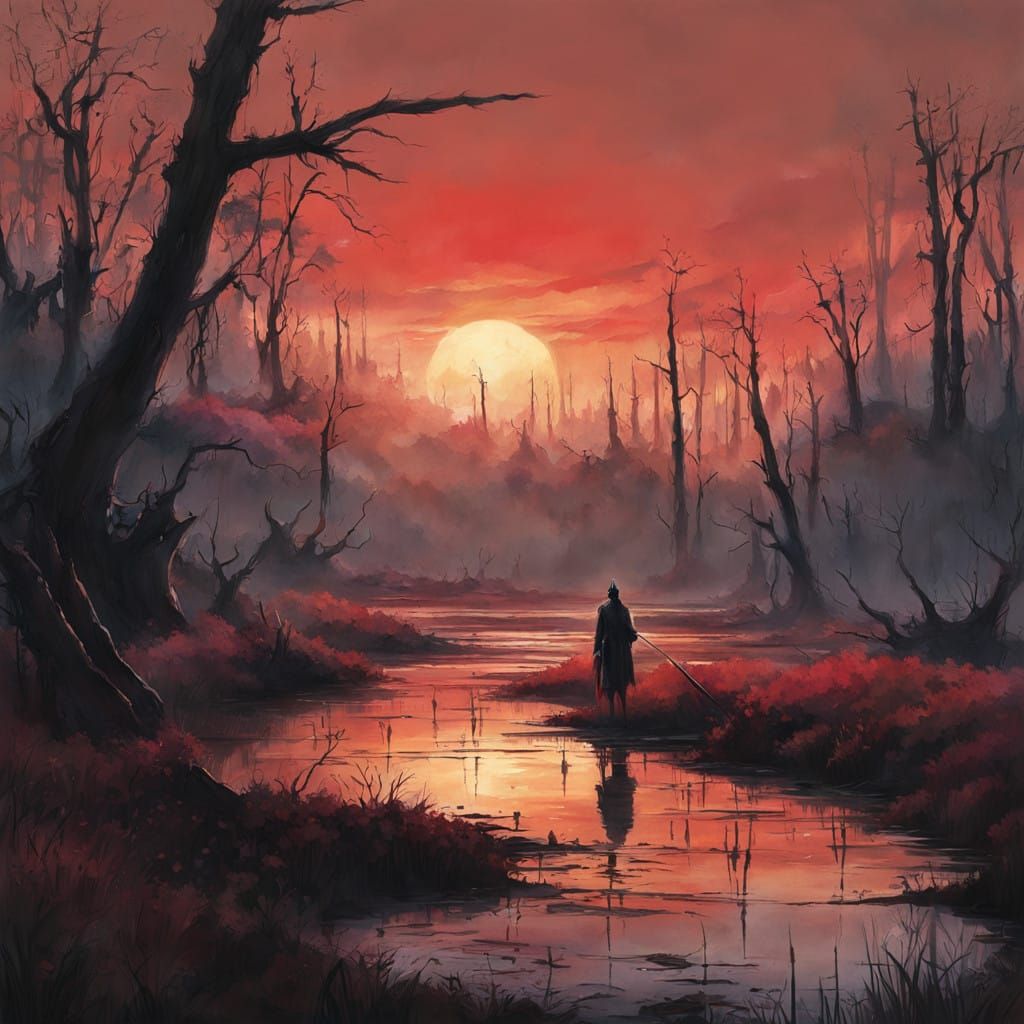 Tribal Figures in a Desolate Swamp Landscape in Digital Matt...