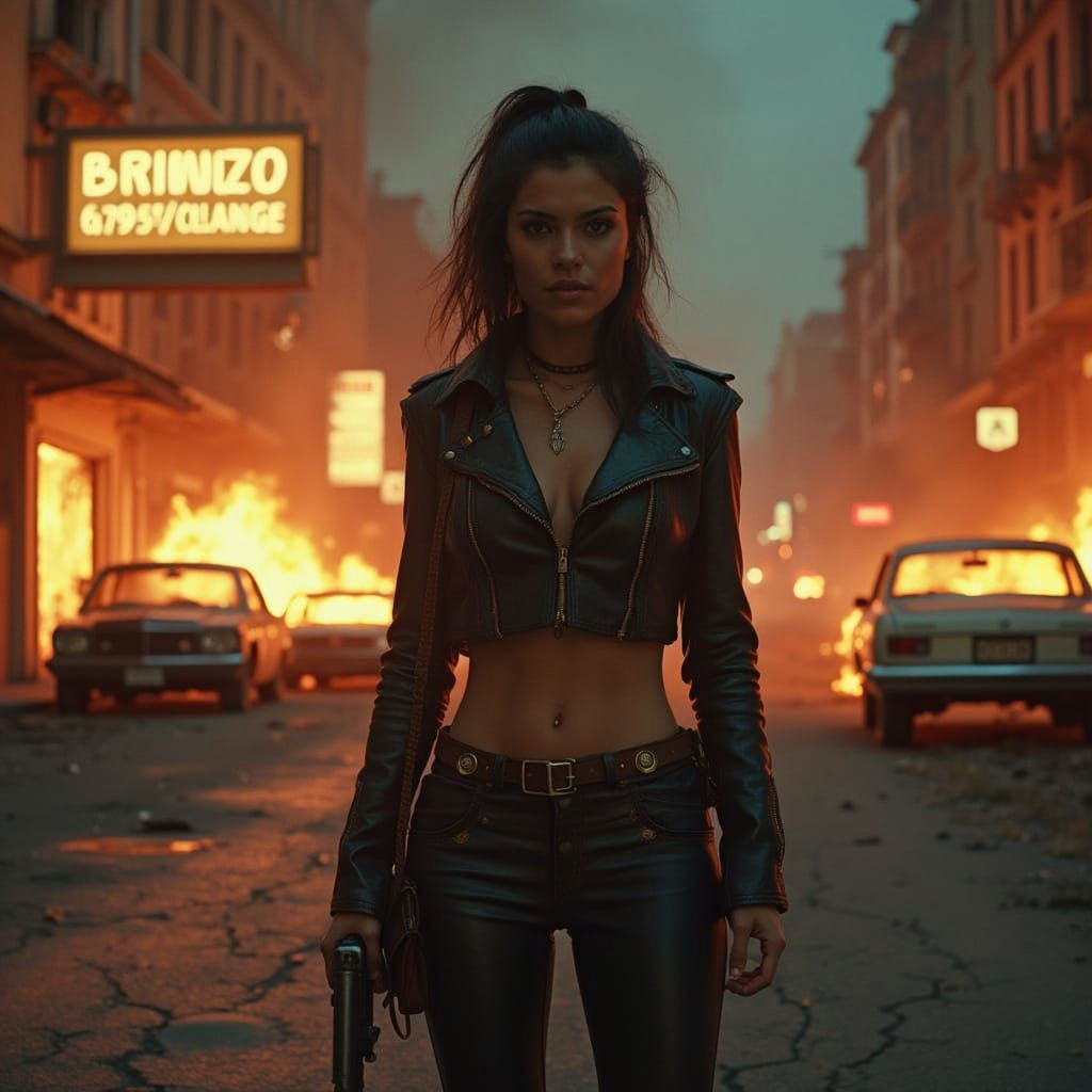 Post-Apocalyptic Grindhouse Scene with Burning City