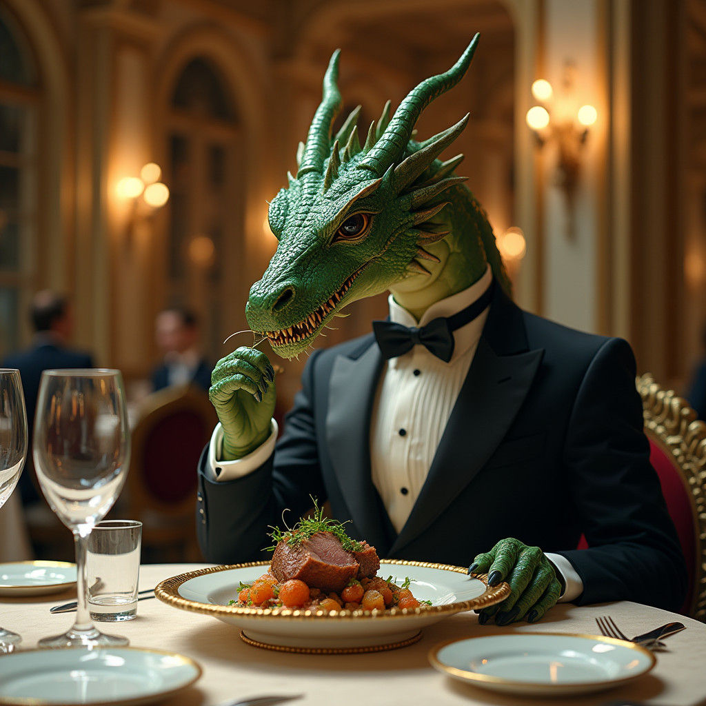 Dragon in Tuxedo Dining in Opulent Restaurant
