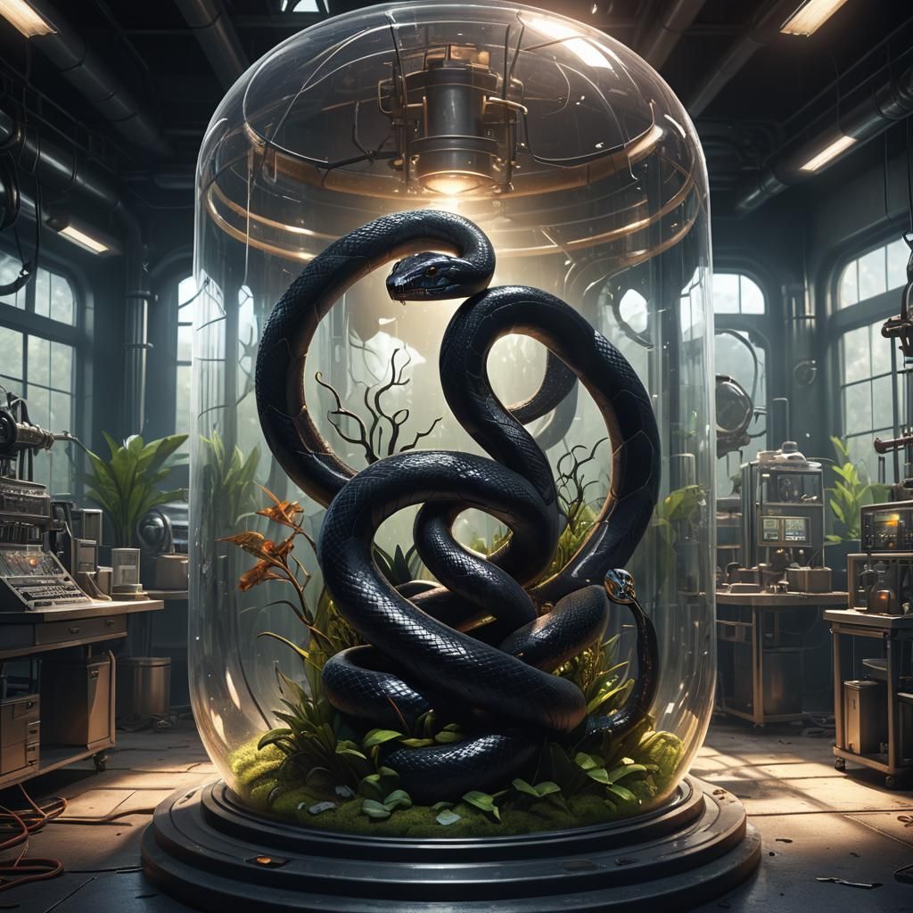 Black Snake Trapped in Cylinder: Detailed Matte Painting