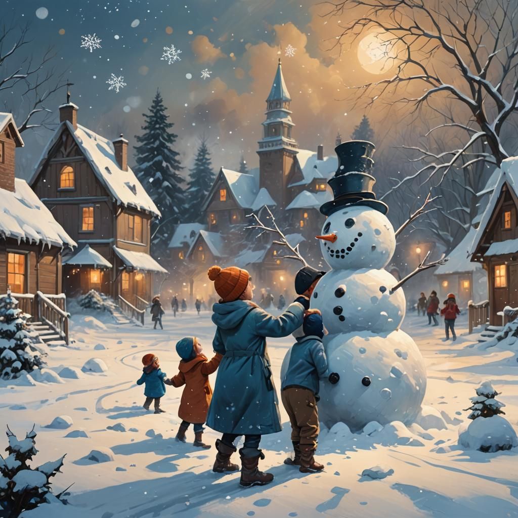 Children Building Snowman in Snowy Winter Landscape