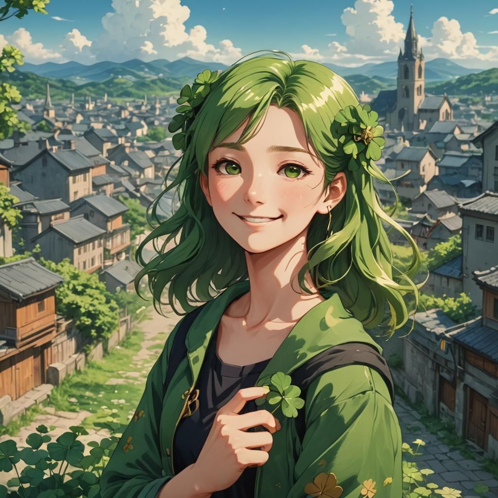 Smiling Person with Four-Leaf Clover in Anime Style