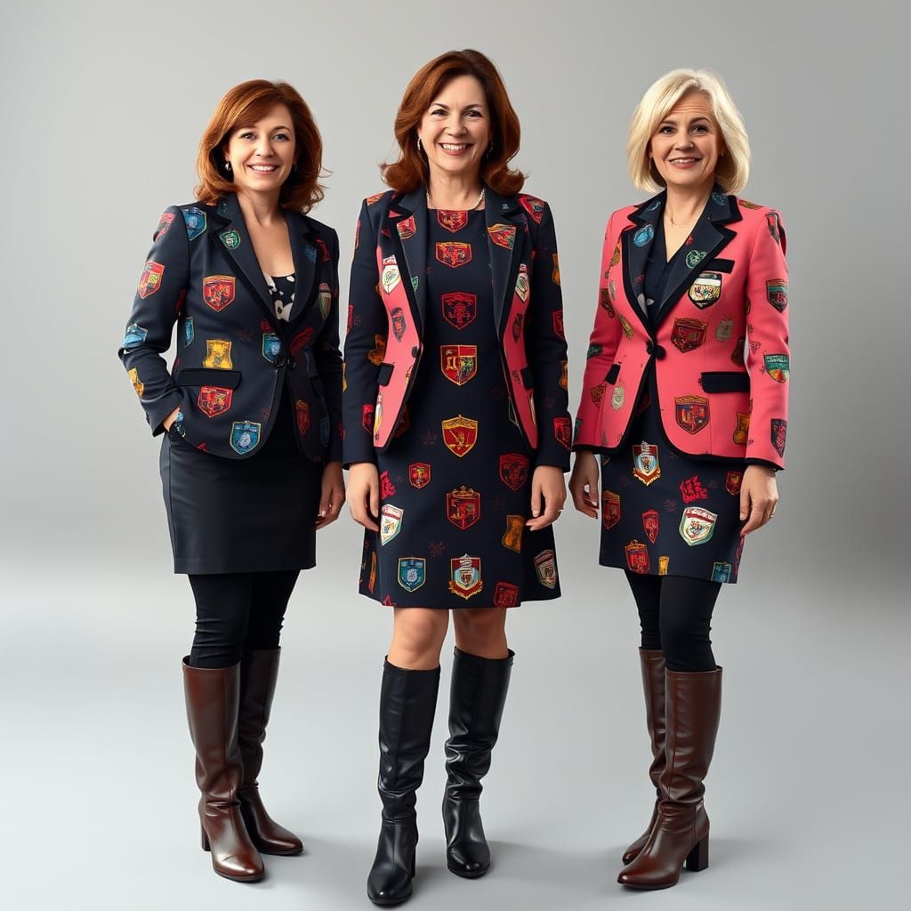 Businesswomen in Colorful School Crest Fashion