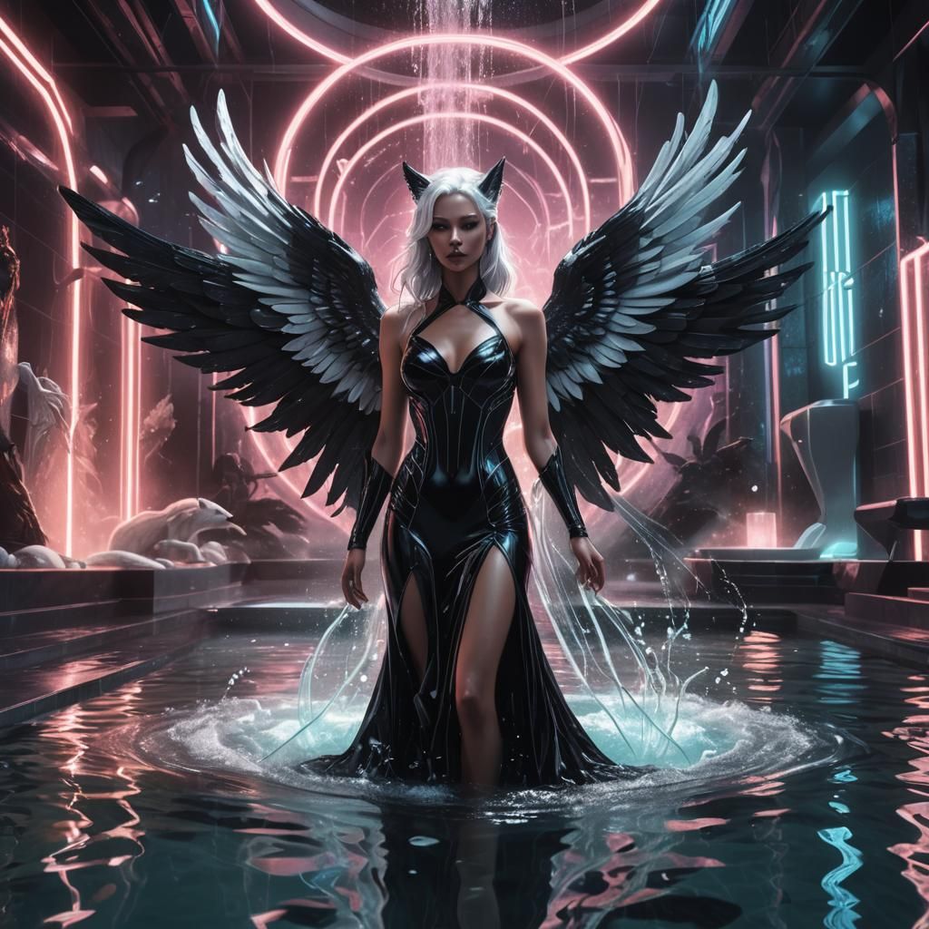 Dark Fantasy Angel Bathing with Fox