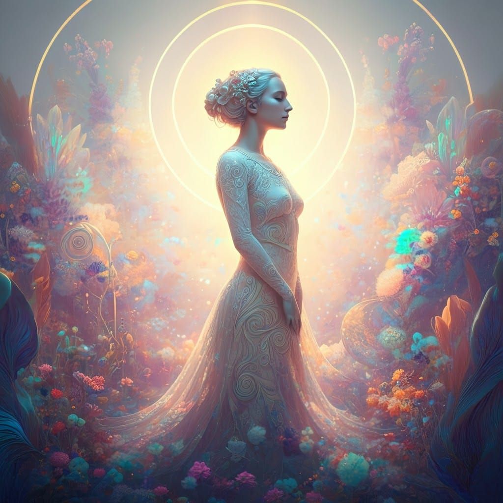 Ethereal Lady in Surreal Dreamscape with Iridescent Light