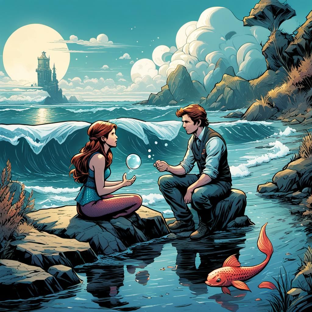 Woman and Mermaid Chat on the Shore in Comic Art