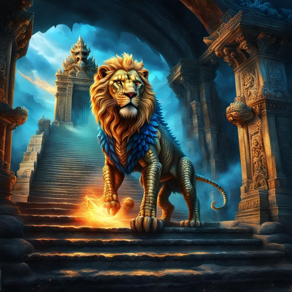Lion Crocodile Hybrid on Ancient Temple Steps