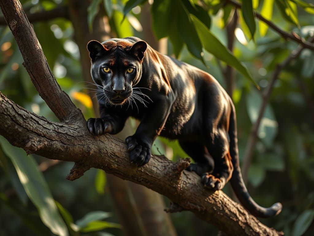 Black Panther in Rainforest, Hyperrealistic Wildlife Photogr...