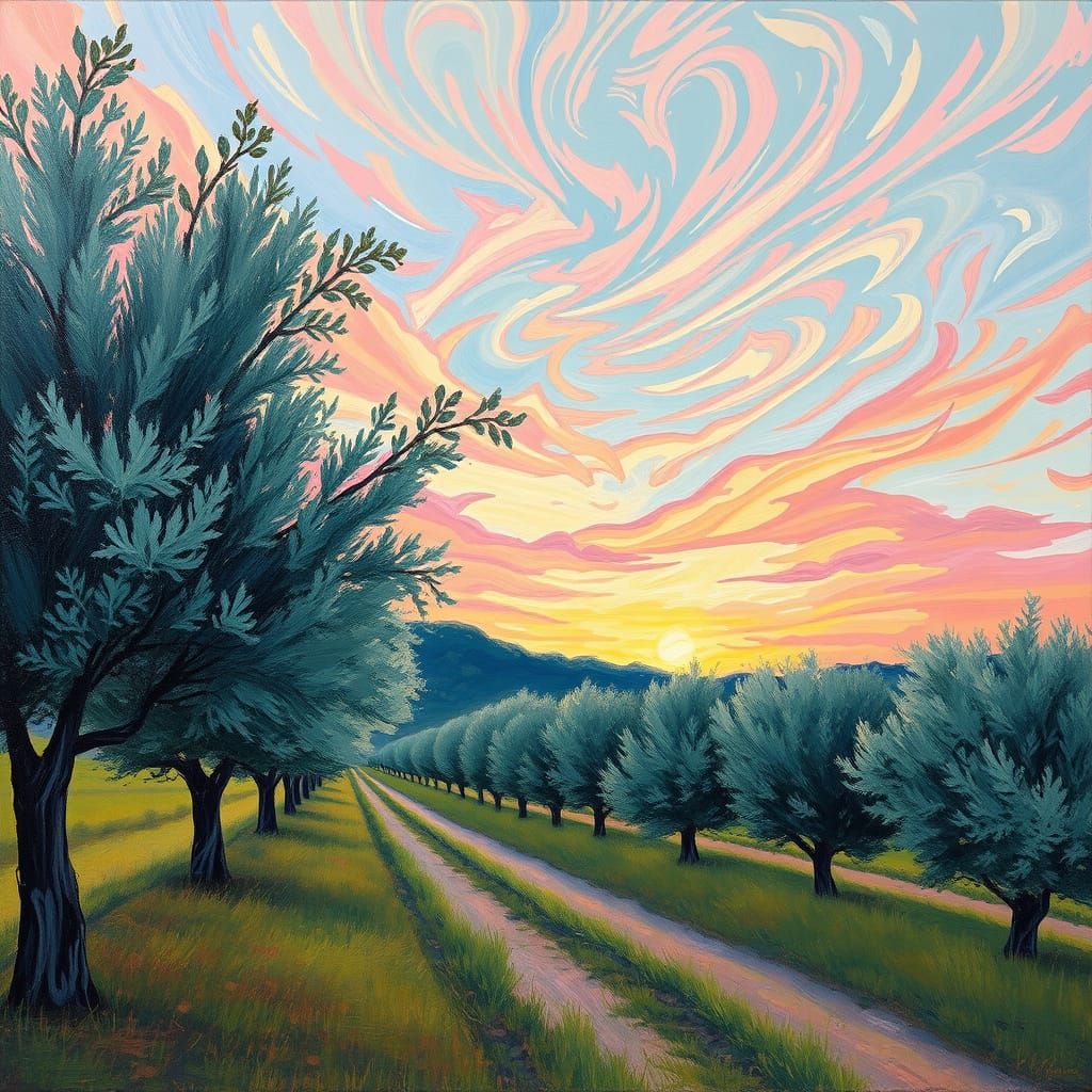 Peaceful Olive Grove at Sunset in Textured Impasto Style