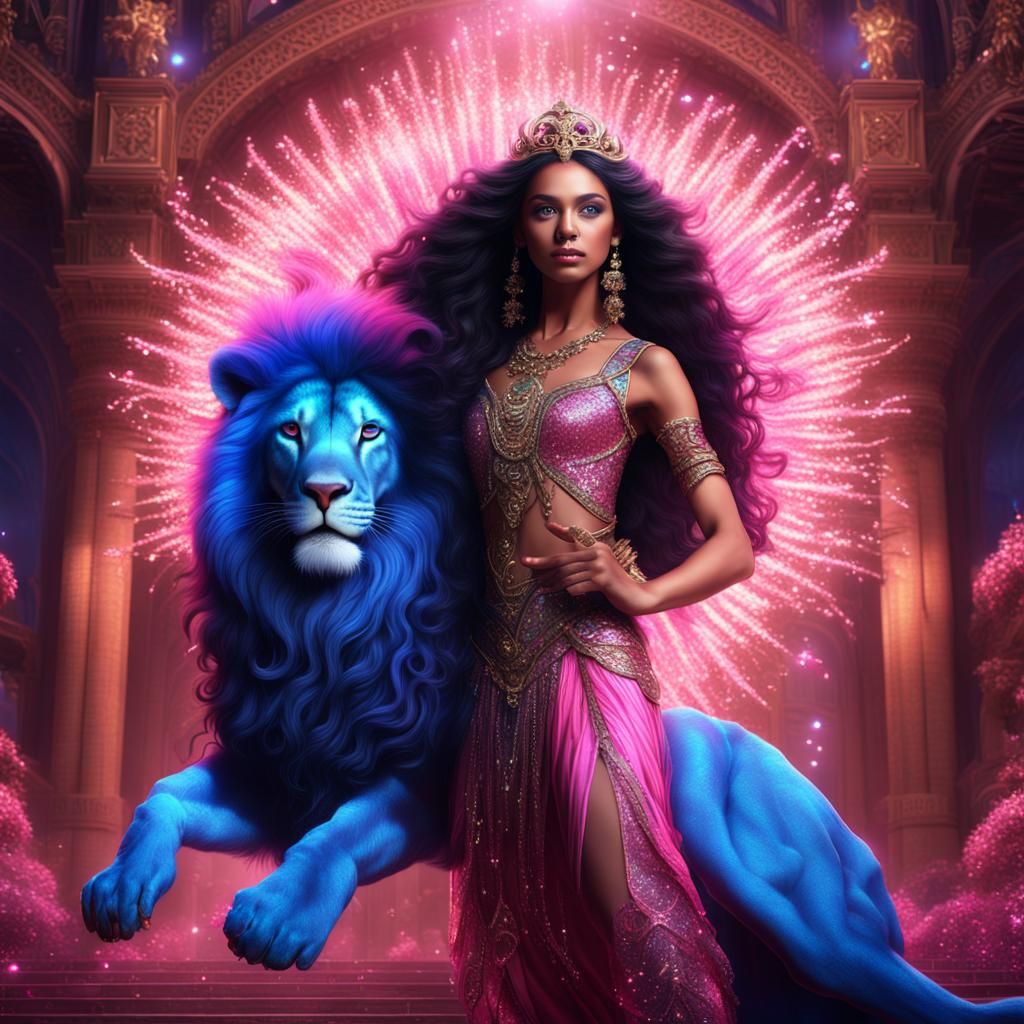 Young Woman with olive skin blue eyes and long curly black hair as the pink lion glittering sparkling dancer