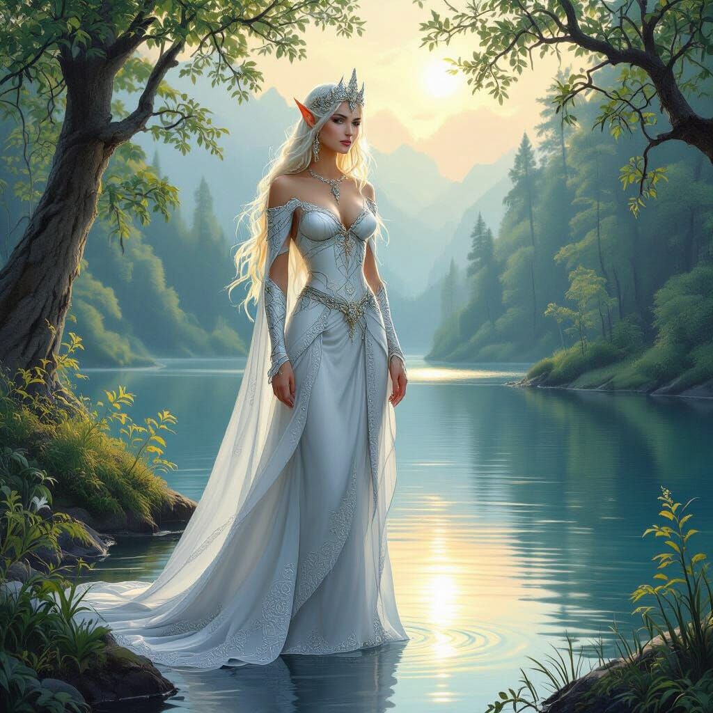 Elf Queen by Serene Lake in Lush Forest