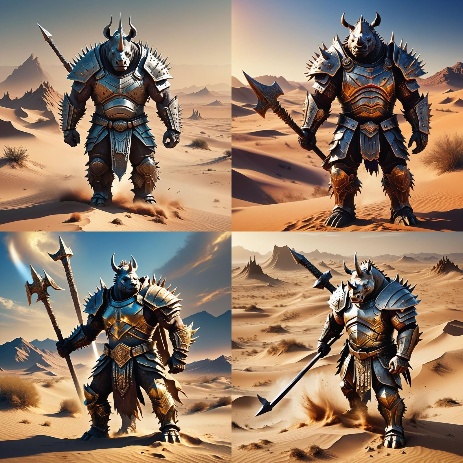 Rhino Warrior in Scorching Desert, Digital Art