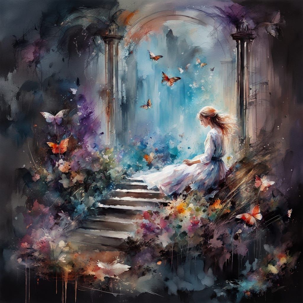 Fantastical Watercolor Pagoda Village with Butterflies