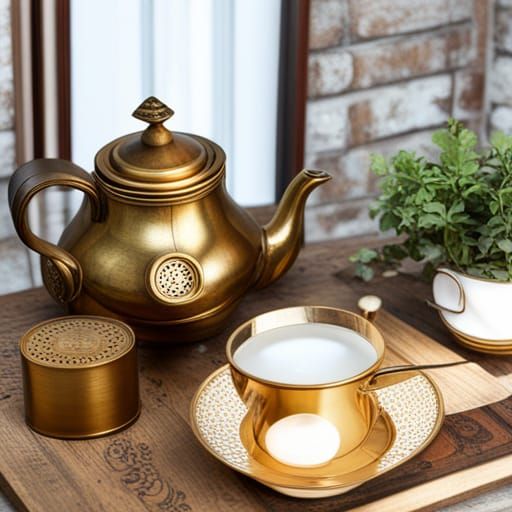 Steampunk Brass Teapot Set on Vintage Table