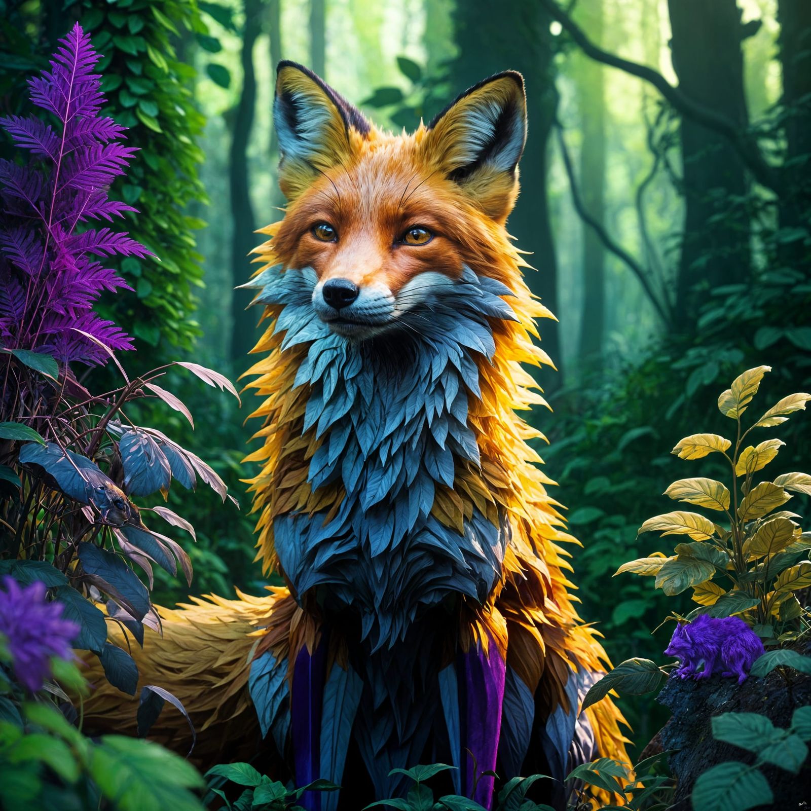 Fox in Lush Green Forest Collage Art