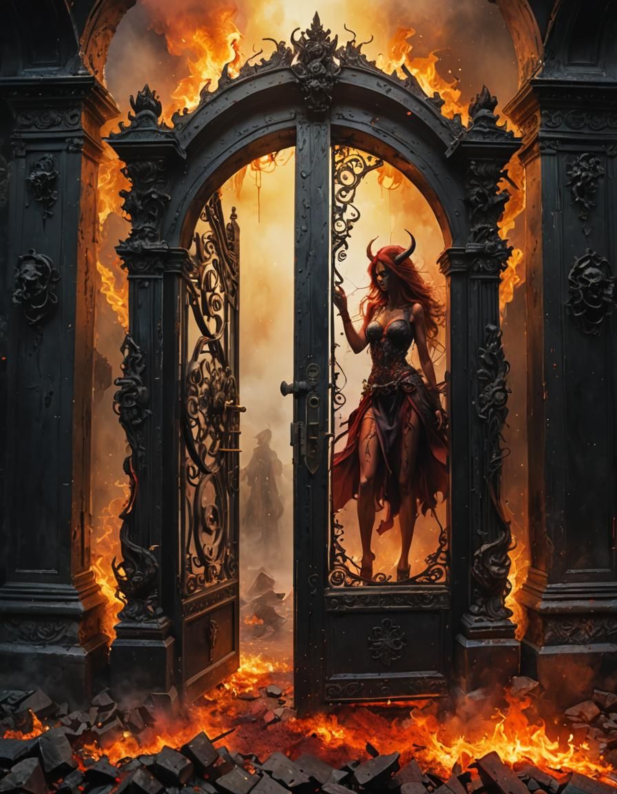 Epic Double Gate to Hell: Stylized Watercolor Art