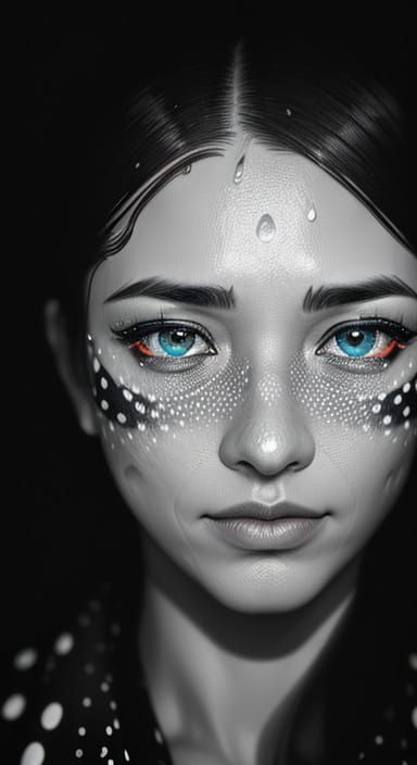 Vibrant Polka Dot Pointillism Portrait in Rainstorm