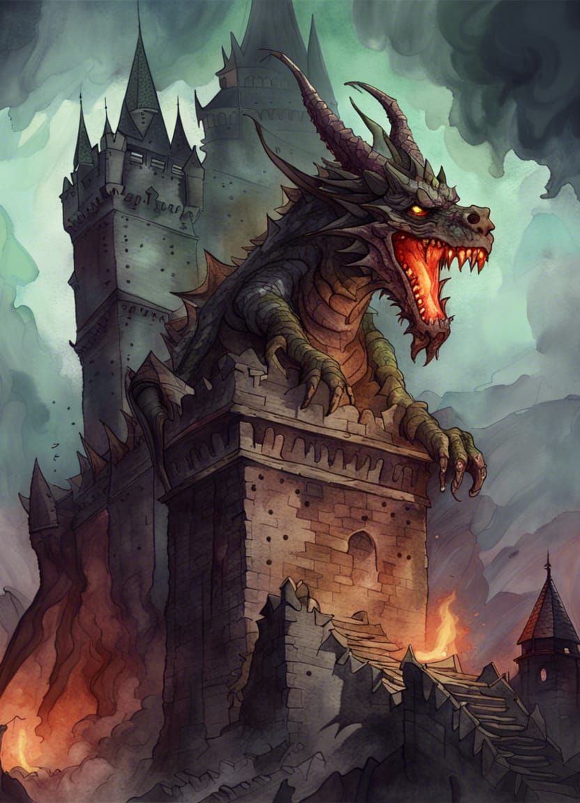 Zombie Dragon Perched on Burning Castle Tower