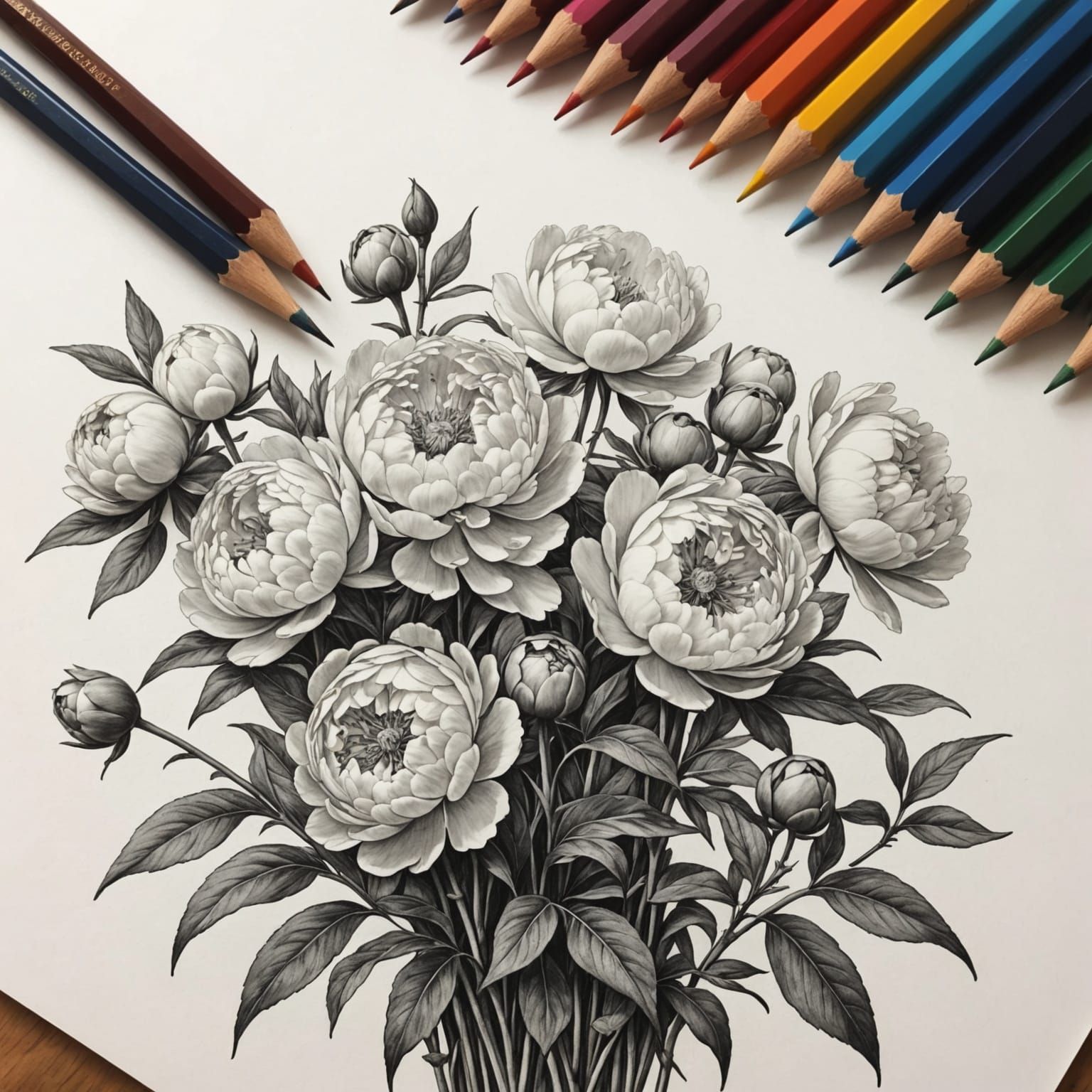Pencil Transforms Into Peony Garden Sketch