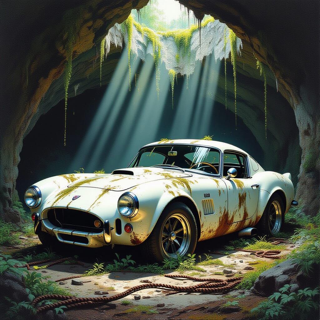 Moss-Covered Shelby Cobra in Abandoned Cave