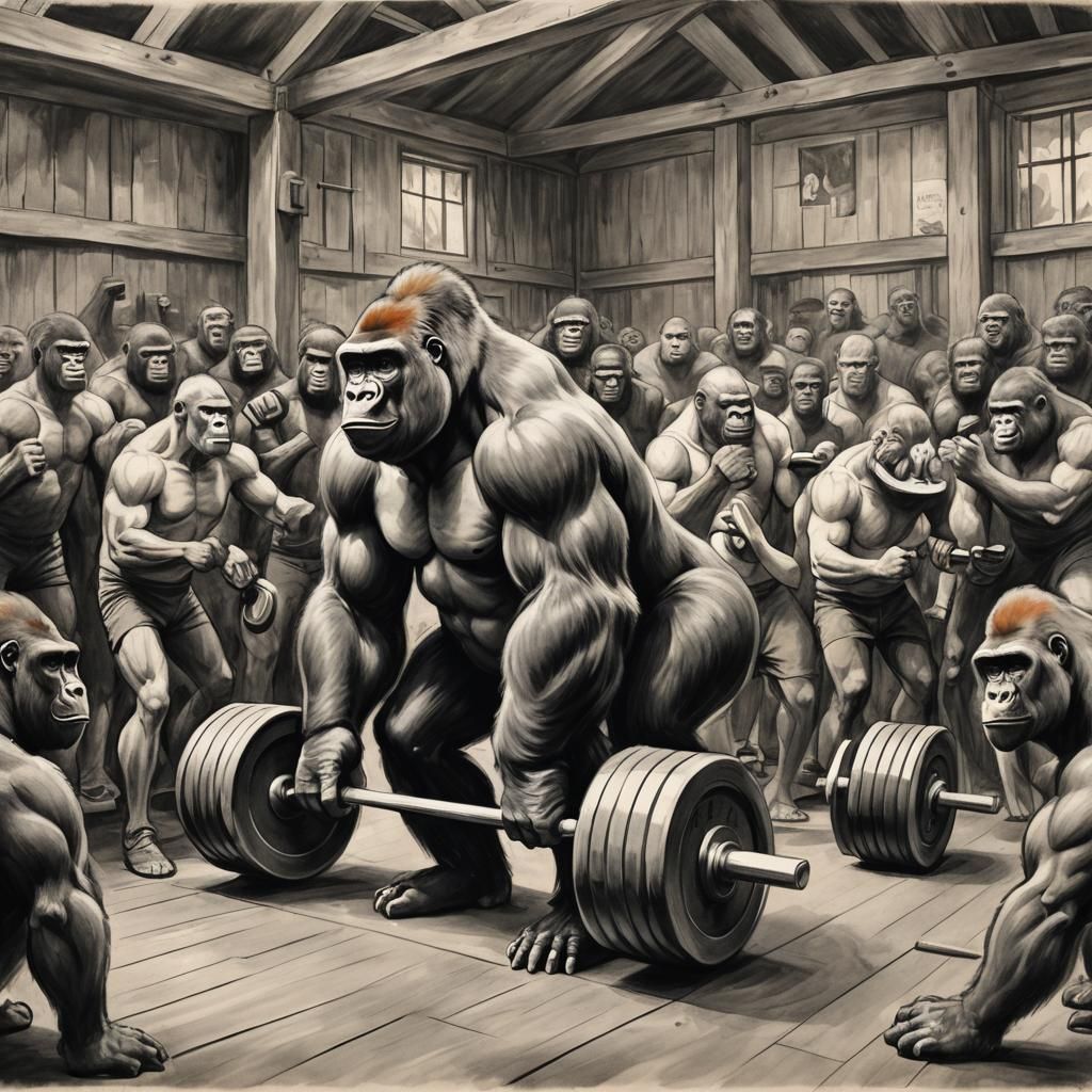 Gorilla Weightlifting in Expressionist Charcoal Drawing