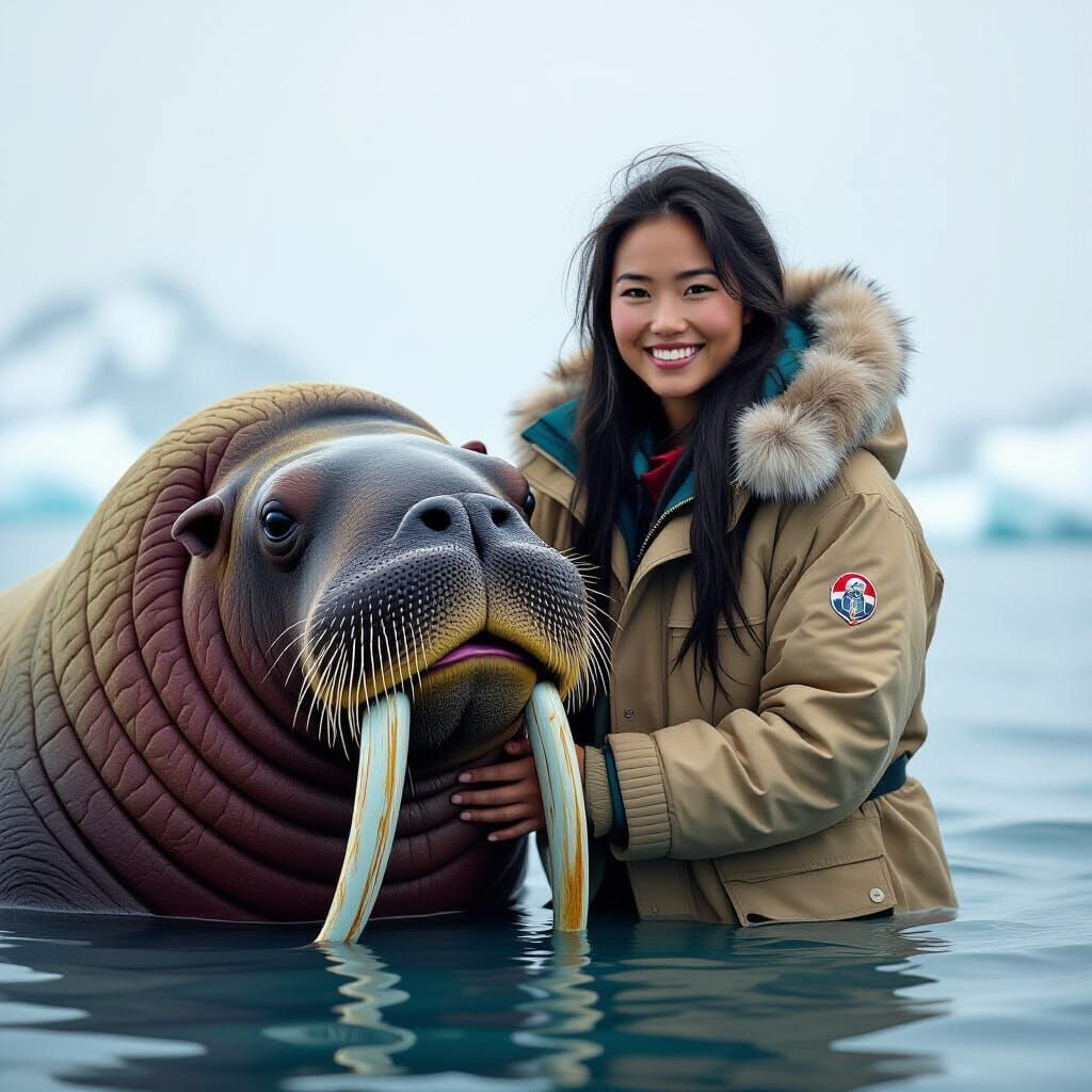 Inuit Woman and Walrus in Impasto Digital Art