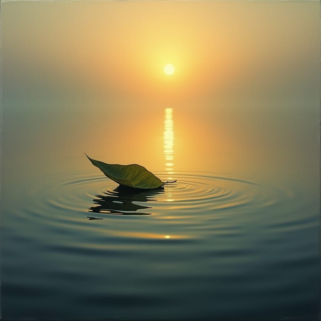 Golden Sunrise Reflection on Water with Floating Leaf