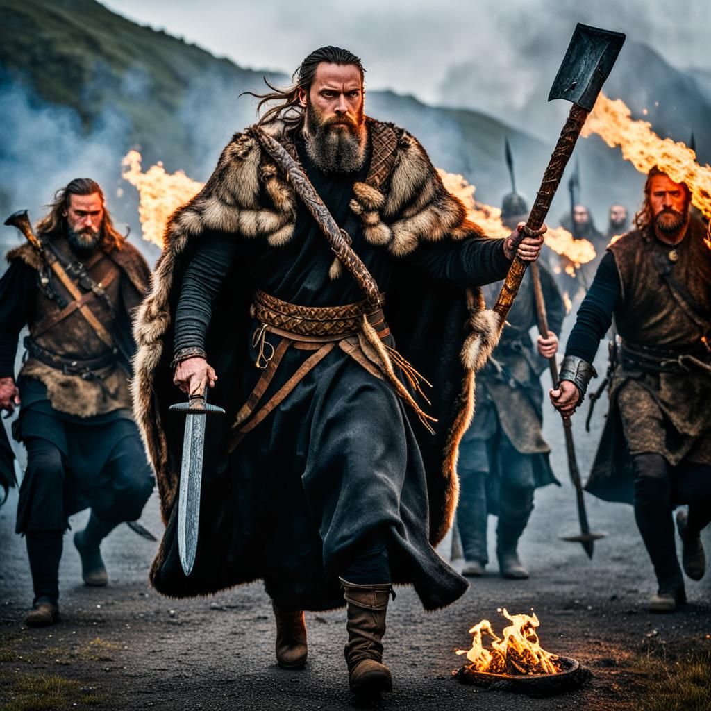 Nordic Warriors Await Vampire Lord's Cult in Oil Painting