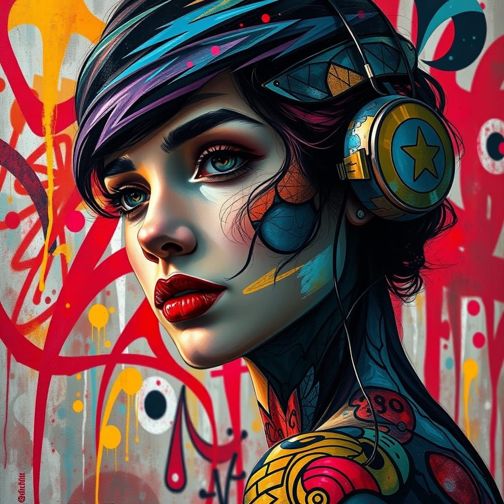 Hyperrealistic Cyberpunk Portrait with Vibrant Graffiti Back...