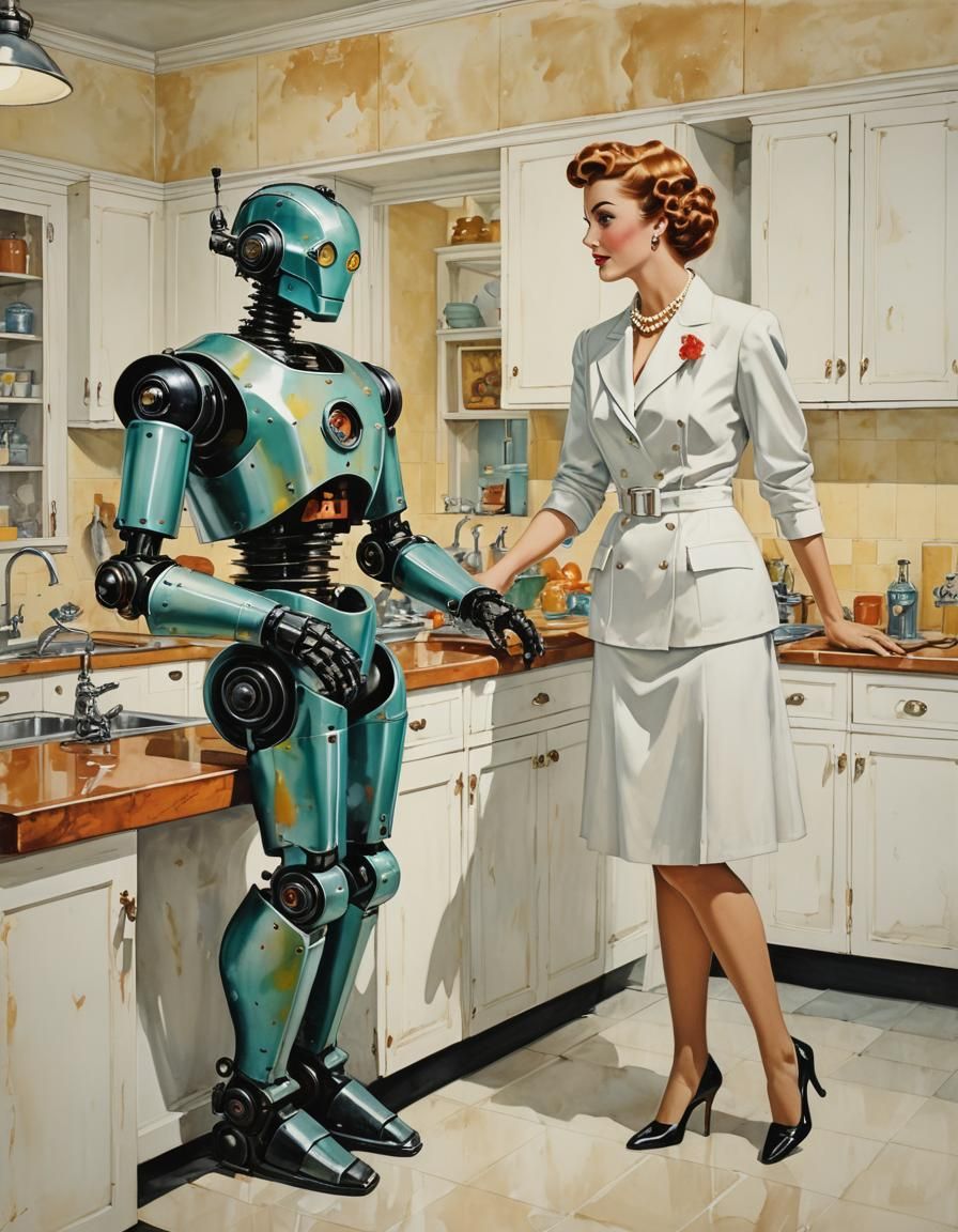 Woman and Robot in Kitchen: Surrealist Alcohol Ink Art