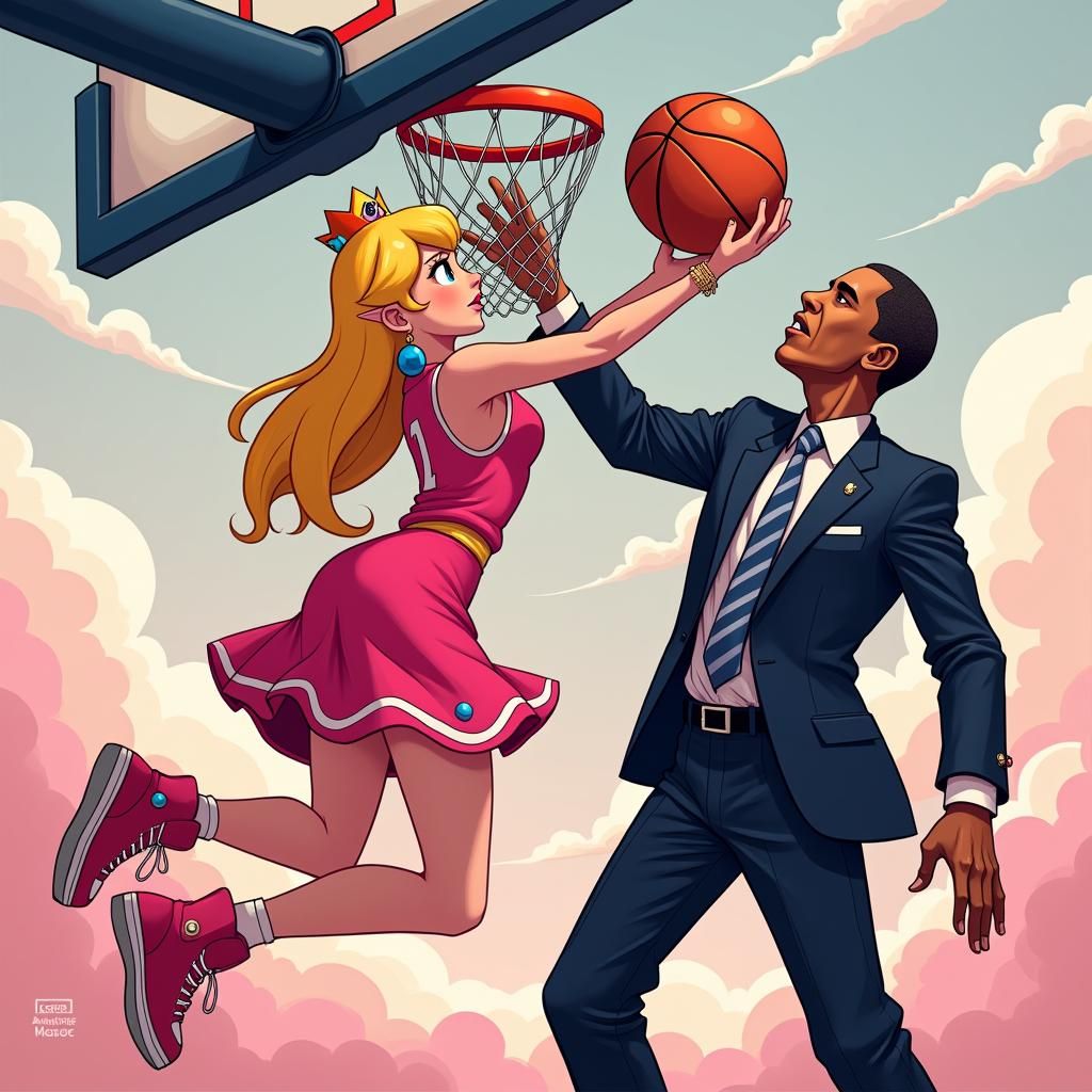 Princess Peach's Slam Dunk: Cartoon-Style Illustration