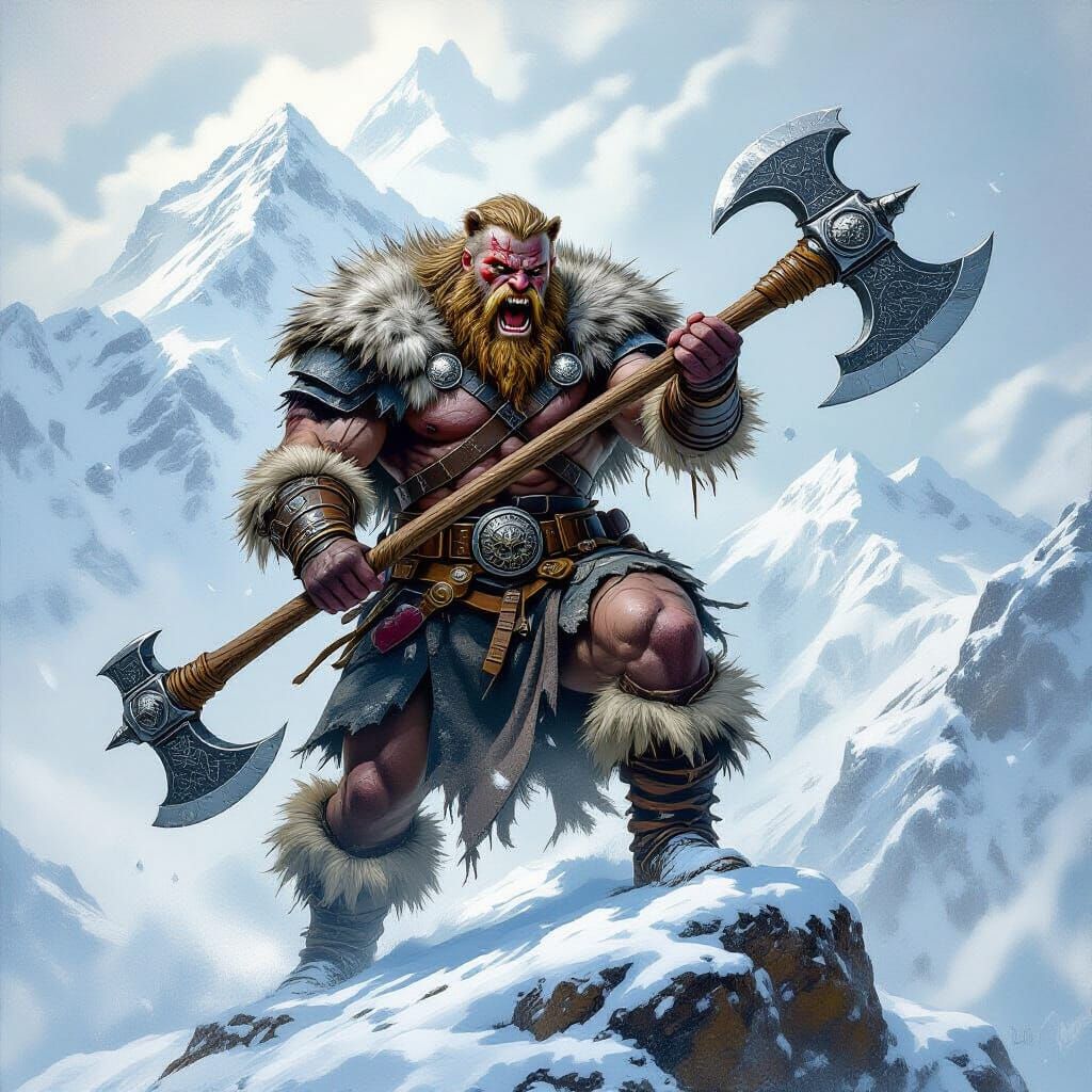 A fierce Viking berserker, eyes blazing with fury, stands amidst a raging blizzard on a desolate, snow-covered mountain ...