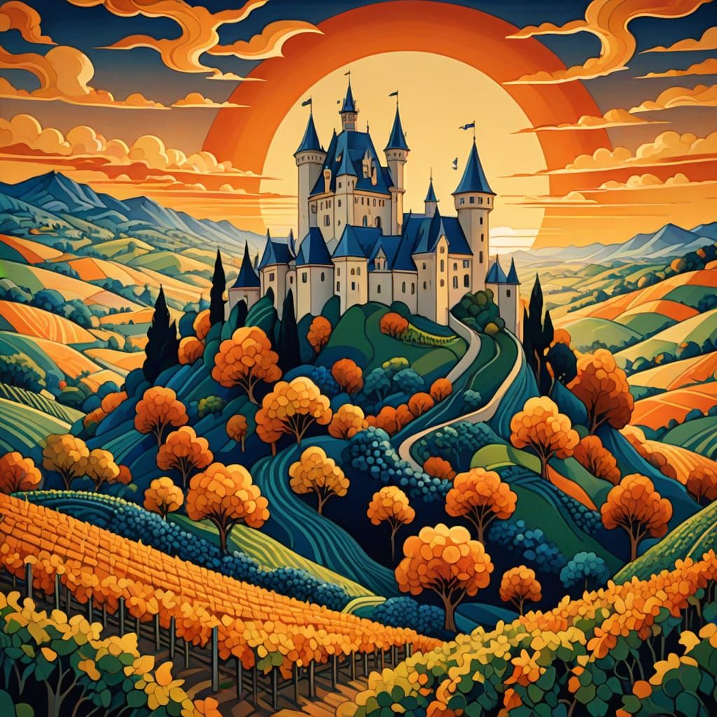Whimsical French Castle Scene in Vibrant Art Nouveau Style
