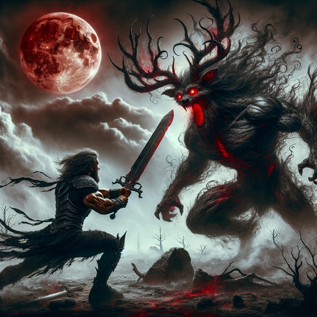Warrior and Beast Clash Under Blood-Red Moon