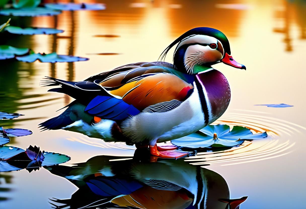 Mandarin Duck Sunrise Reflection in DreamWorks Style