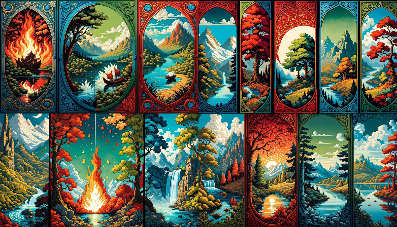 Vintage Oil Painting of Fire, Leaf, and Water