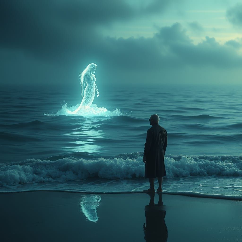 Surreal Mermaid Emerges from Calm Waves in a Painterly Digit...