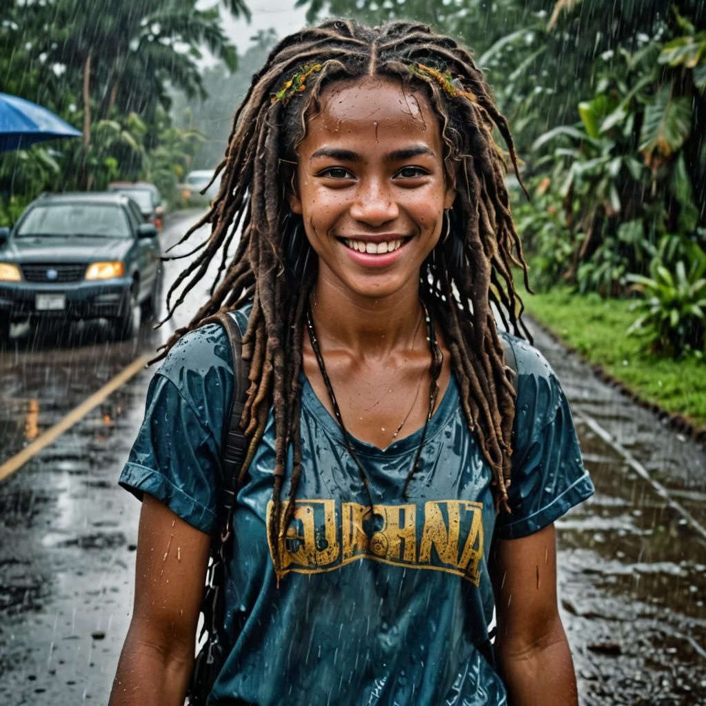 Full body beautiful Papua New Guinean woman with dark dreadlock hair, blue eyes, smiling, 22 years old, outdoor photogra...