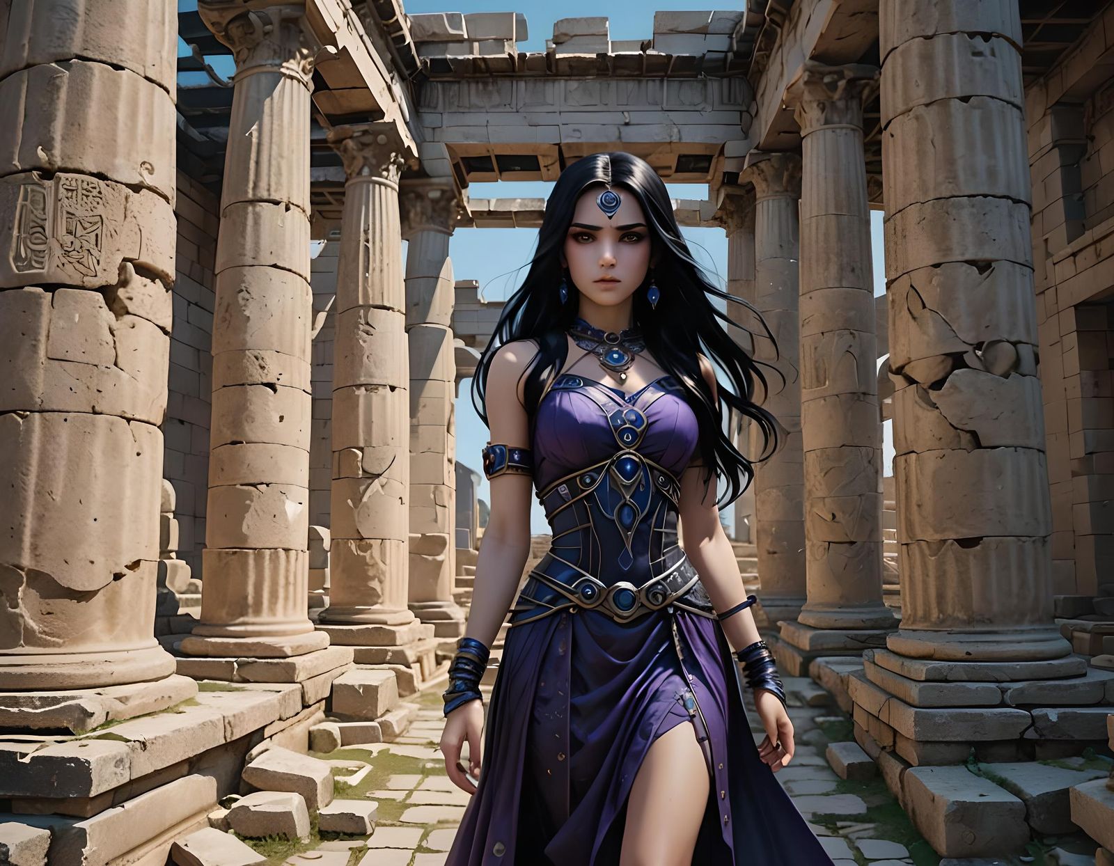 Heroine in Ancient Temple Ruins with Portal