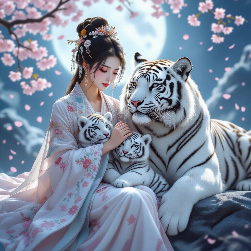 Goddess Embracing White Tigers in Moonlit Hanfu