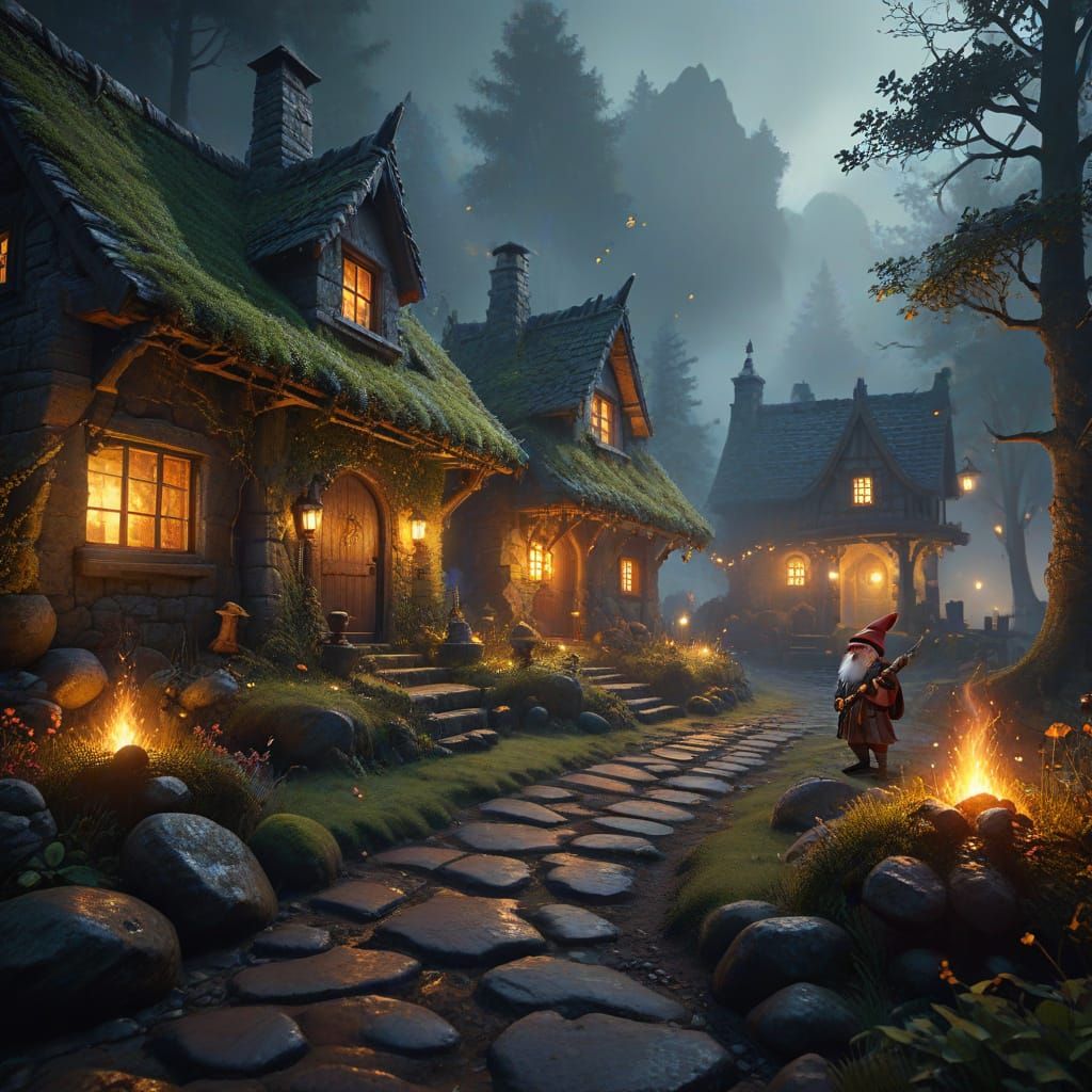 Gnomes and Witches Dance Amidst Whimsical Village