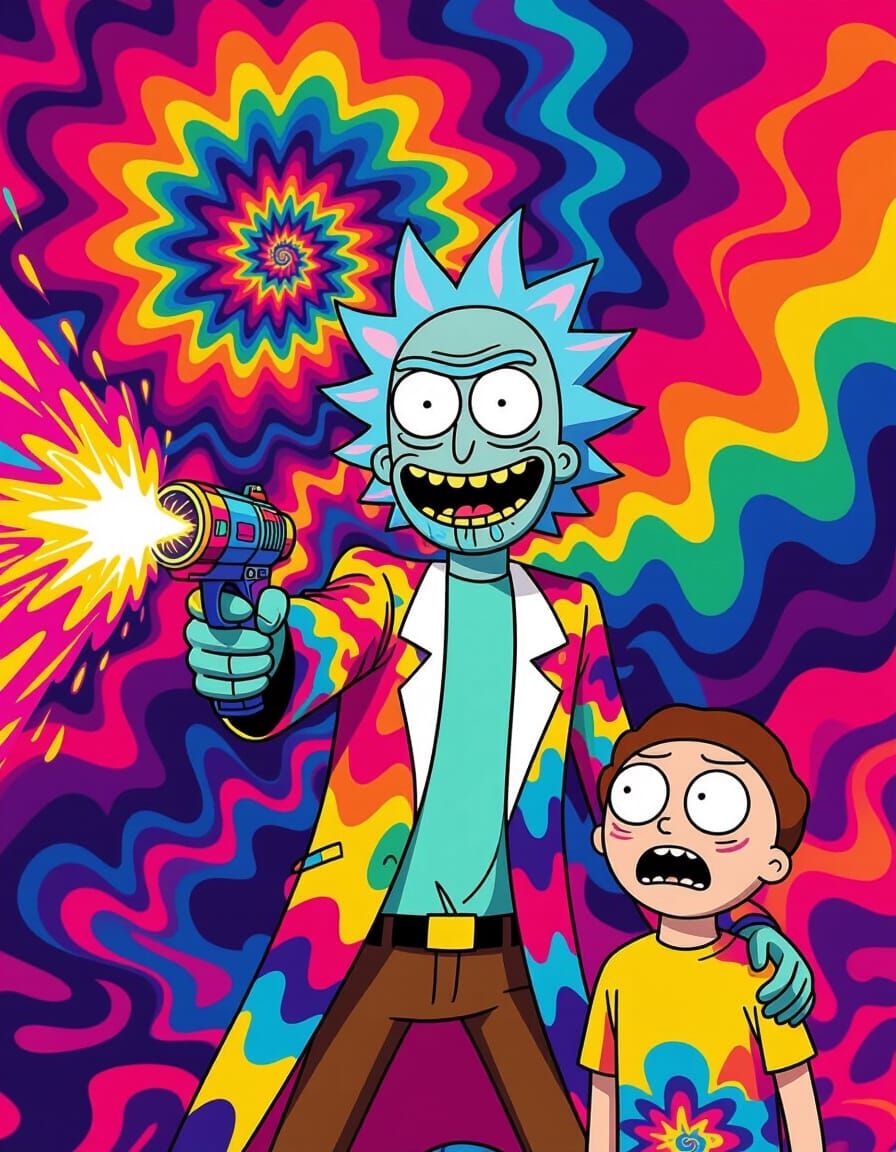 Rick and Morty in Psychedelic Tie-Dye Style