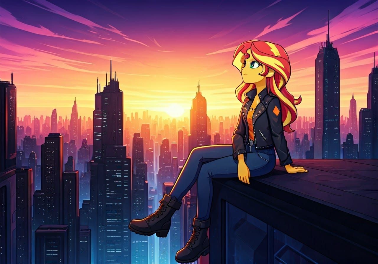 Cyberpunk Sunset Shimmer Gazing at Triadic Sky